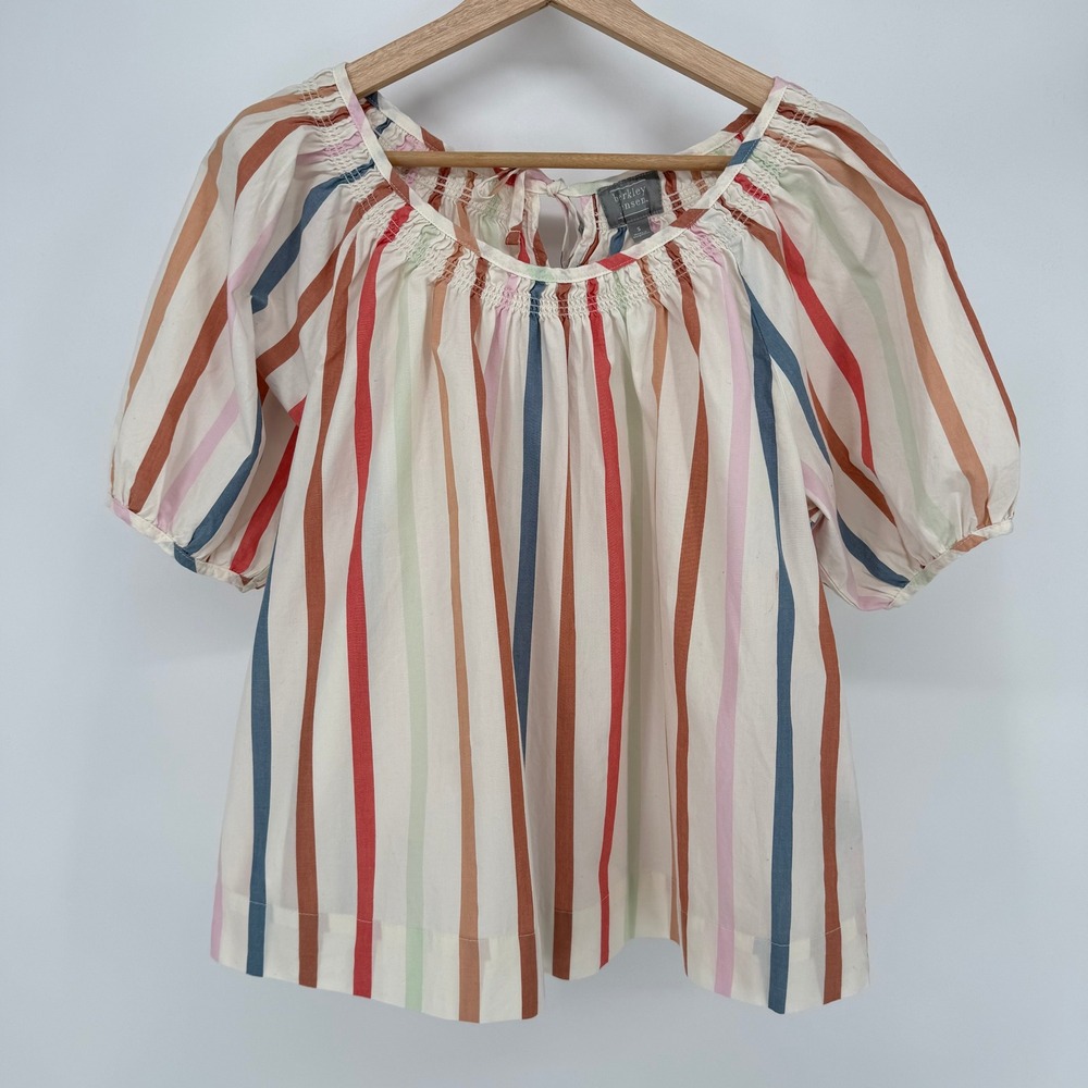 Berkley Jensen Blouse Womens Small Multi Color Striped Smocked Neck Puff Sleeve
